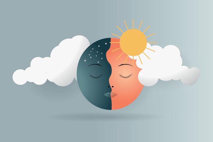 Conceptual representation of bipolar disorder with a face divided between the sun and the moon, symbolizing mood swings between euphoria and depression