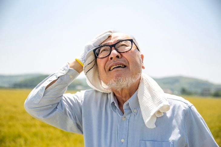 Heat stroke, agriculture, senior Japanese man suffering from heat 