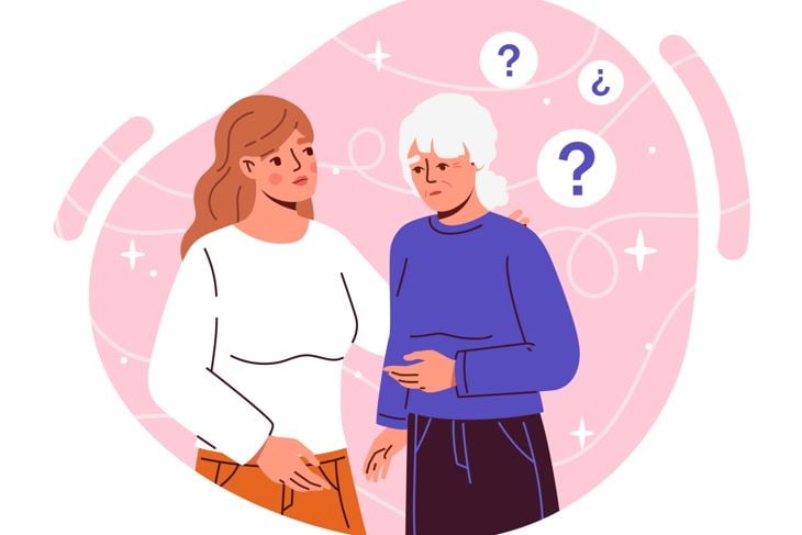 Illustration of a younger woman supporting an older woman with white hair, who appears confused or distressed, with question marks floating around them against a pink abstract background.