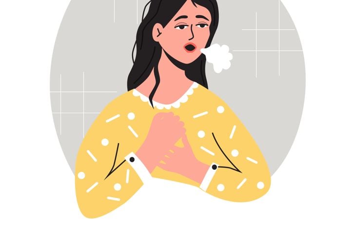 Illustration of a woman with long dark hair holding her chest, eyes half-closed, and exhaling a visible puff of air. Her expression appears strained, visually indicating shortness of breath or asthma-related discomfort.
