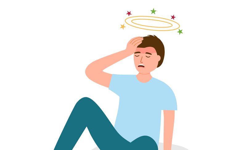 Illustration of a man sitting on the ground with one hand supporting himself and the other holding his head. He appears dizzy, with halo rings and stars circling above his head, visually representing fainting or lightheadedness.