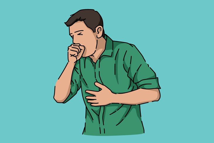 Illustration of a man in a green shirt coughing into his fist while clutching his chest with his other hand, set against a light blue background. His eyes are closed, indicating discomfort consistent with asthma-related coughing.