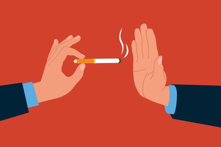 Illustration of one hand offering a lit cigarette while another hand, palm facing outward, gestures to refuse it. The background is solid red, emphasizing rejection of smoking or exposure to cigarette smoke.