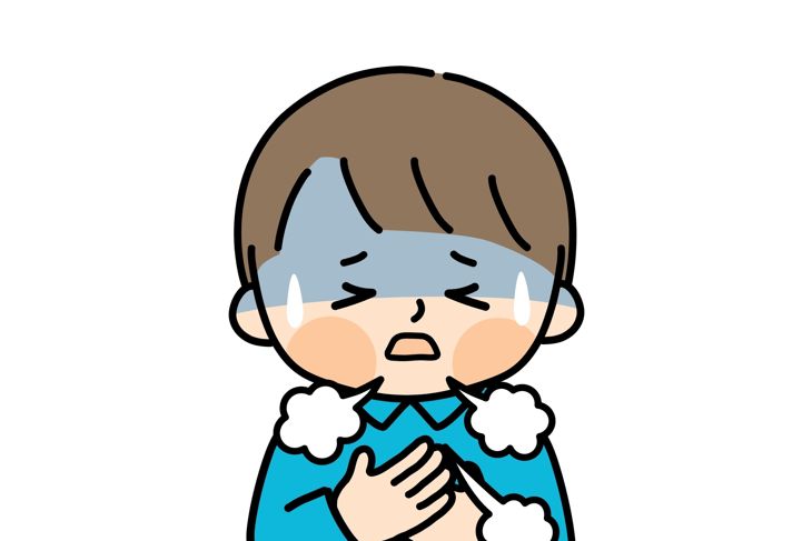 Illustration of a child clutching their chest with a pained expression, sweat drops on their face, and bluish shading across the forehead and hands. White puffs near the shoulders suggest labored breathing, visually indicating cyanosis or oxygen deficiency.