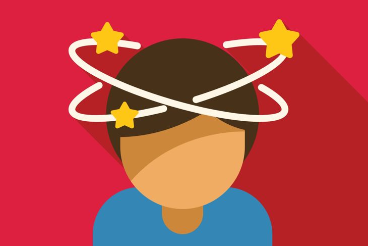 Illustration of a person with circular motion lines and yellow stars orbiting their head, set against a red background. The visual suggests dizziness or disorientation, often associated with asthma symptoms or lack of oxygen.