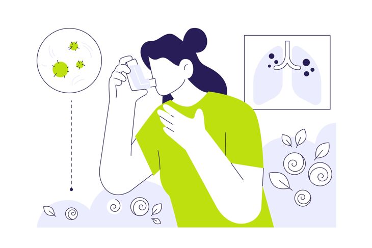 Illustration of a woman using an asthma inhaler, wearing a bright green shirt. The background includes stylized plants, airborne particles, and a diagram of lungs with dark spots, suggesting respiratory treatment and environmental triggers.