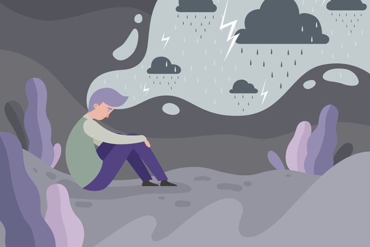 Depressed people. Loneliness alone in the city tired man rainy weather concept background