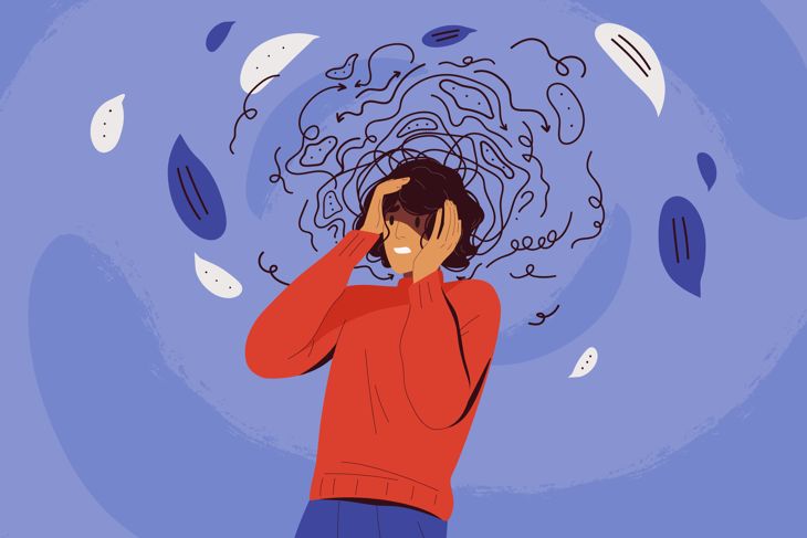 Frustrated woman with nervous problem feel anxiety and confusion of thoughts vector flat illustration