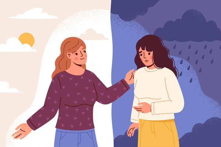 Psychological help of friend. Psychologist or caregiver shows way to new life