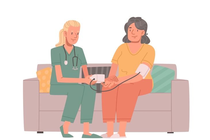 A nurse measures the blood pressure of an elderly woman against a white background