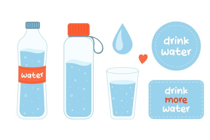 An illustration shows water bottles and a glass alongside a water droplet icon and text reading “drink water” and “drink more water.”