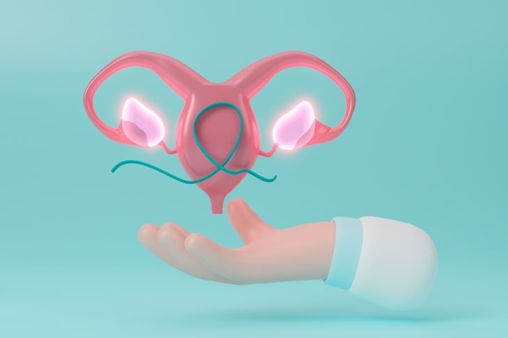 3D illustration of a uterus with fallopian tubes and ovaries, hovering above a gloved hand, symbolizing reproductive health care on a teal background.