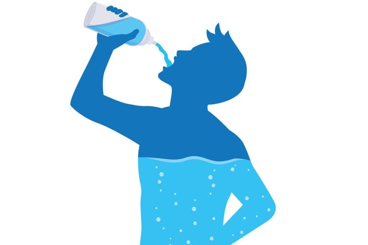 Silhouette of  man drinking water from bottle flow into body. Illustration about healthy lifestyle.