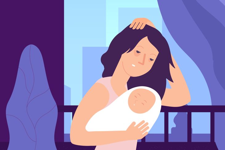 Sleepy tired young mom holding crying baby at crib