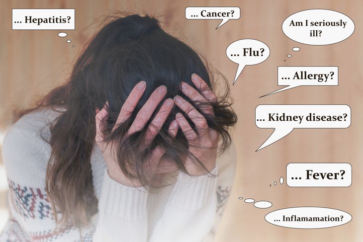 Portrait of young woman suffering from hypochondria (llness anxiety disorder, Hypochondriasis)