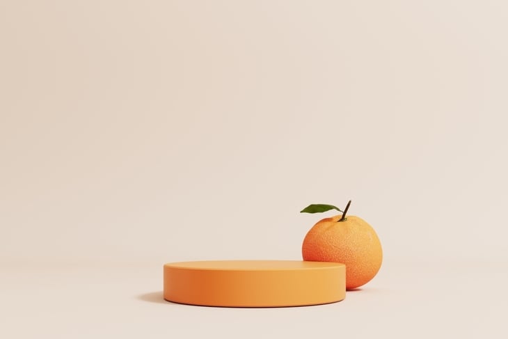 3d summer podium, display with with orange fruit on light pastel background