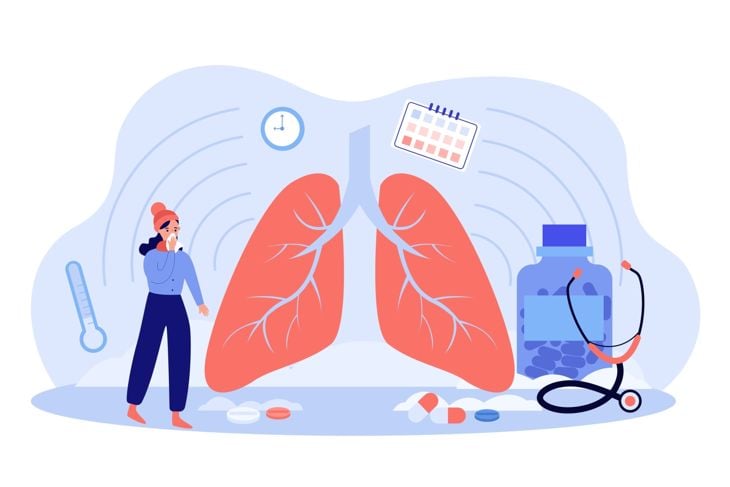 Woman coughing near huge lungs