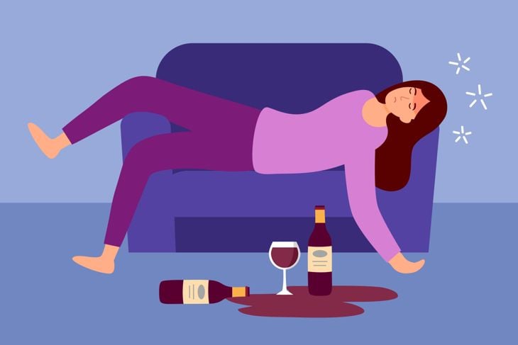 woman sleeping on sofa with wine glass and alcohol bottle on the floor in flat design