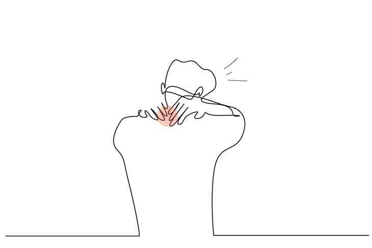 A minimalist line drawing shows a person clutching the back of their neck, with a highlighted area indicating pain.
