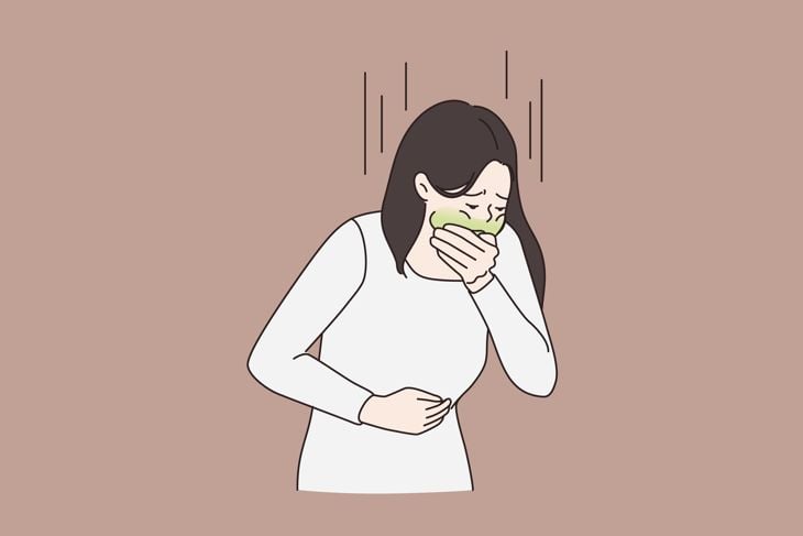Unwell sick woman feel unhealthy vomit throw up