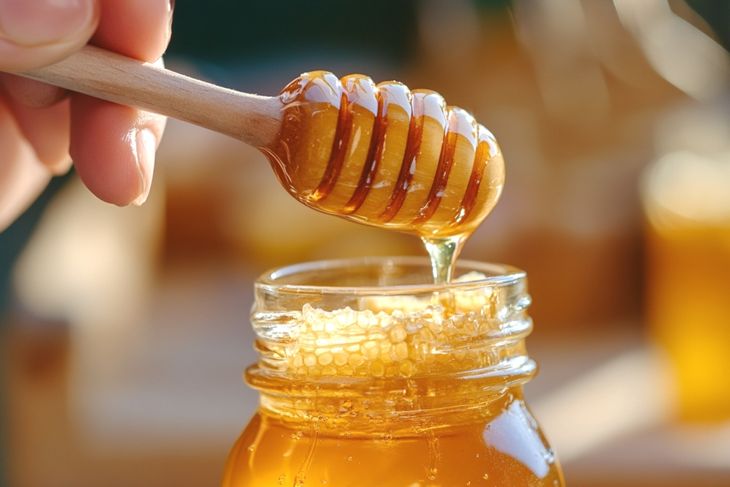 Real honey with a natural wooden spoon