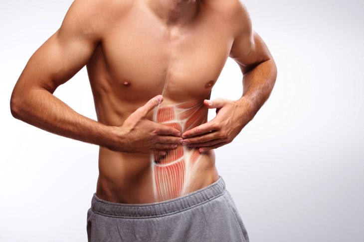 Stomach pain, stomach muscles injury, male abdomen abs muscle illustration