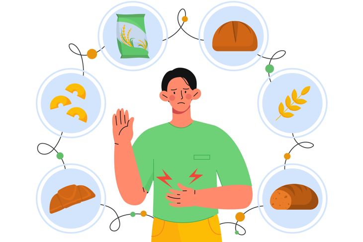 Young guy with pain in his stomach near icons of macaroni and bread, flour products