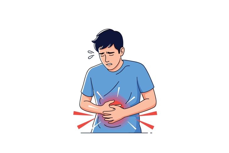 Illustration of a man clutching his lower abdomen with both hands, eyes closed and sweating, surrounded by red and white lines indicating pain or discomfort.