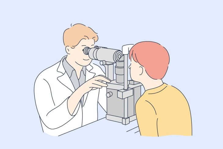 Young man doctor optician or oculist cartoon character checking boy child kid vision acuity or eyeground in lab.