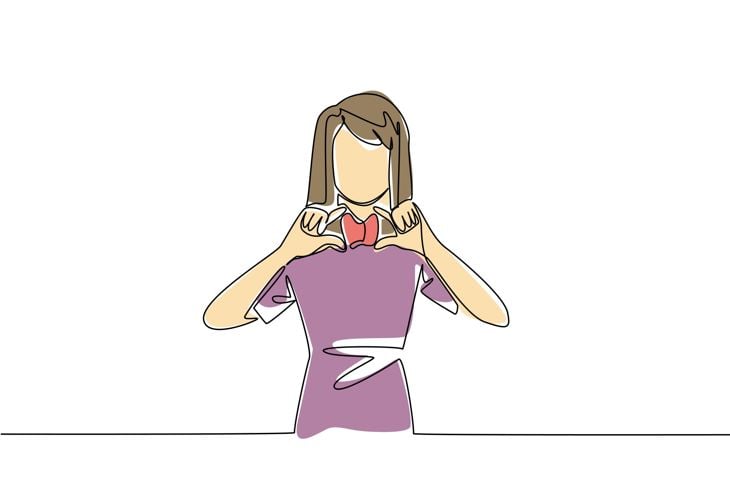 Continuous one line drawing a woman in casual clothes holds a thyroid gland
