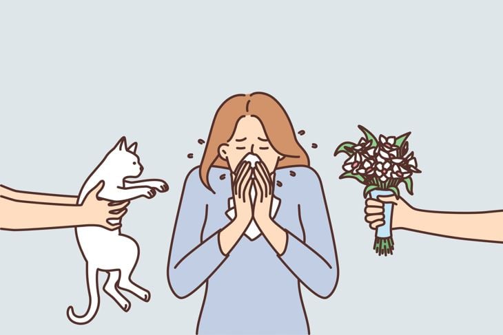 Illustration of a woman sneezing into a tissue, flanked by a hand holding a white cat on one side and a hand offering a bouquet of flowers on the other. The image suggests allergic reactions to pets or pollen.