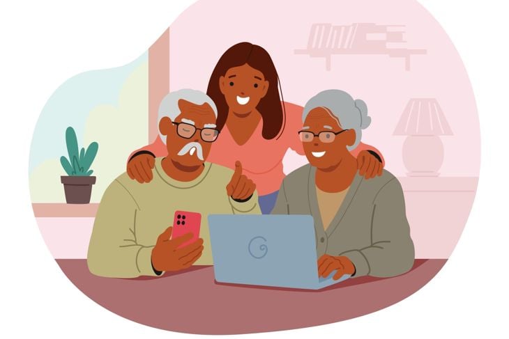 Adult woman helping her old parents to use laptop