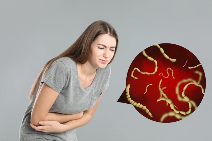 Parasites under microscope and woman suffering from helminthiasis