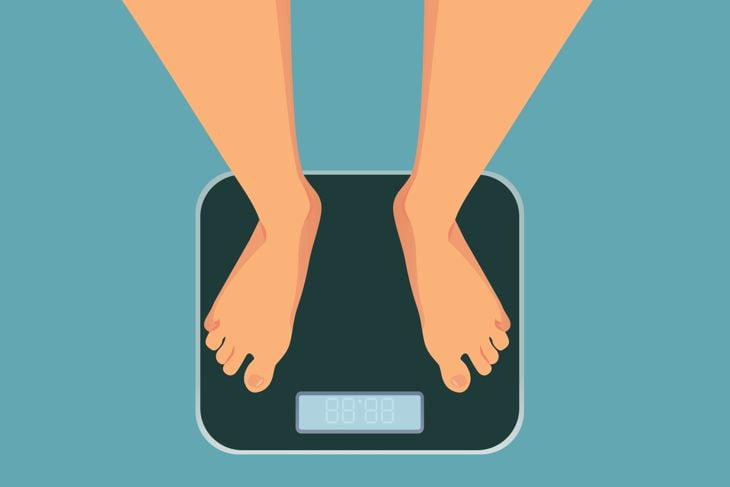 Person Weighing Herself on a Body Scale Vector Cartoon