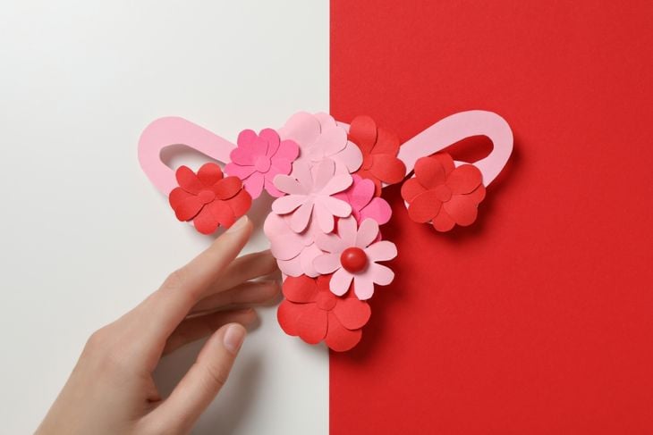 Paper uterus with flowers and female hand on white and red background, top view