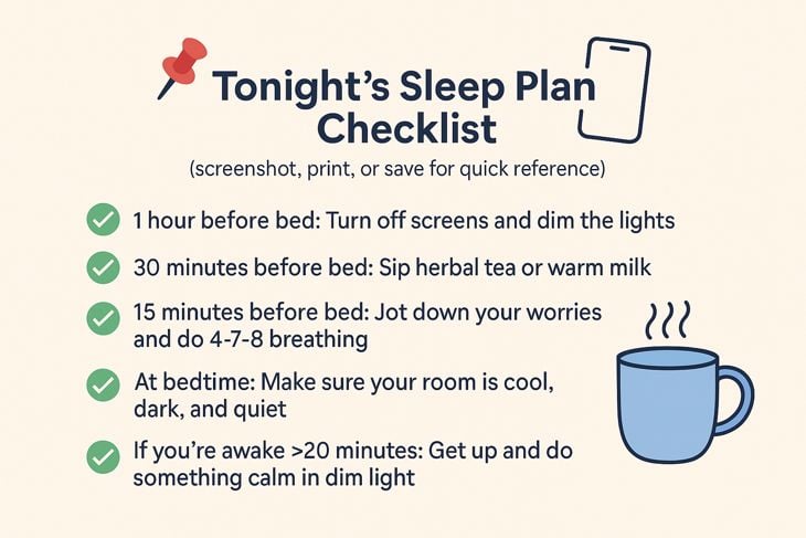 Graphic with beige background titled “Tonight’s Sleep Plan Checklist.” Includes five green check-marked steps: turn off screens an hour before bed, sip herbal tea or warm milk 30 minutes before, jot down worries and practice 4-7-8 breathing 15 minutes before, ensure the bedroom is cool, dark, and quiet at bedtime, and if awake longer than 20 minutes, do something calm in dim light. Small icons of a pushpin, phone, and steaming mug decorate the layout.