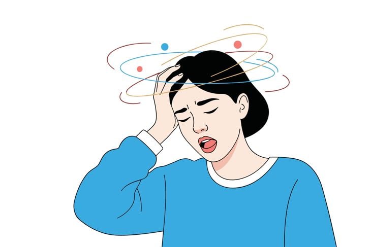 Woman experiencing dizziness and headache with swirling lines around her head in distress