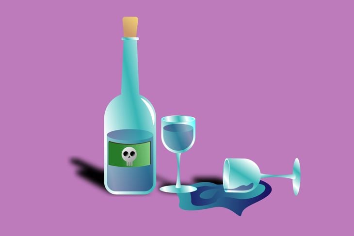 3d poison wine bottle and couple of wine glass in purple background