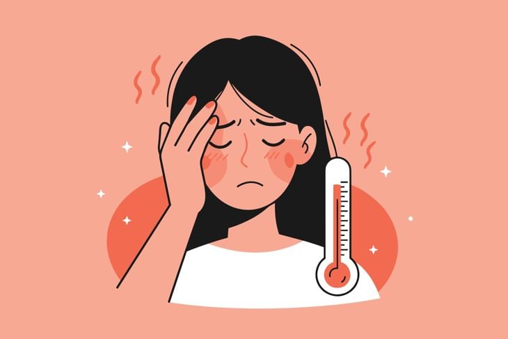 Woman experiencing heat exhaustion, vector image 
