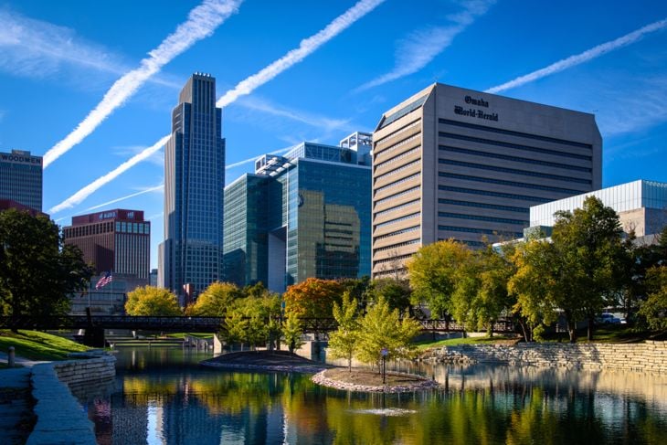 An evening view of the Omaha, Nebraska skyline from the Gene Leahy Mal