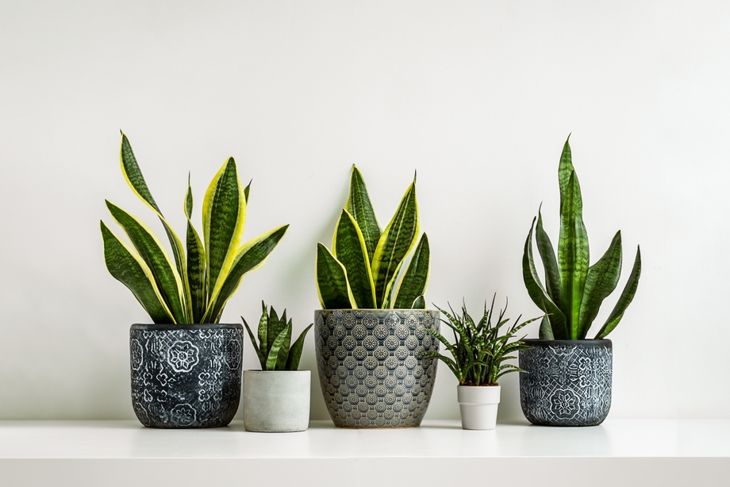 Sansevieria or snake plants in different ceramic flowerpots on the light background, connecting with nature and indoor garden concept
