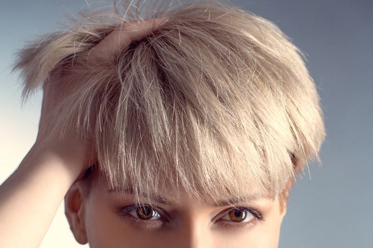 beautiful and chic girl with short hair, haircut, makeup