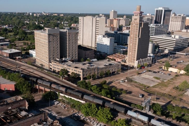 Afternoon light shines on the historic buildings of downtown Jackson