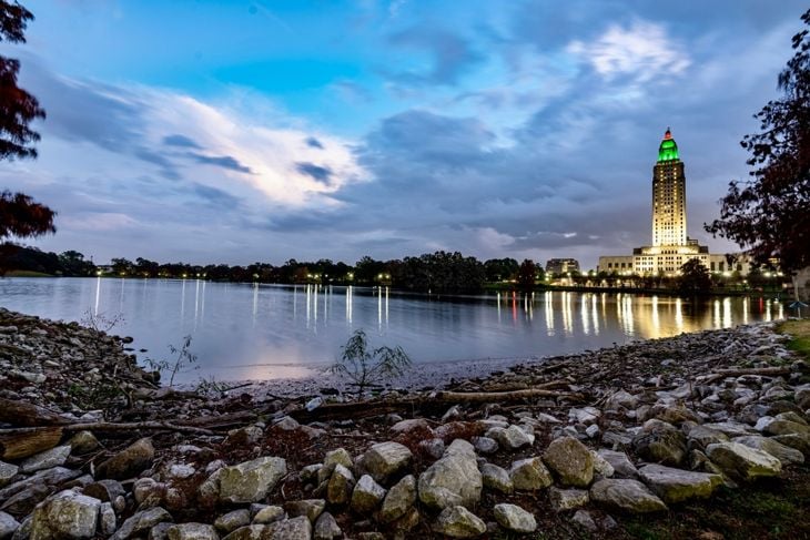 Louisiana State Capitol Building at Sunset during the Christmas Season