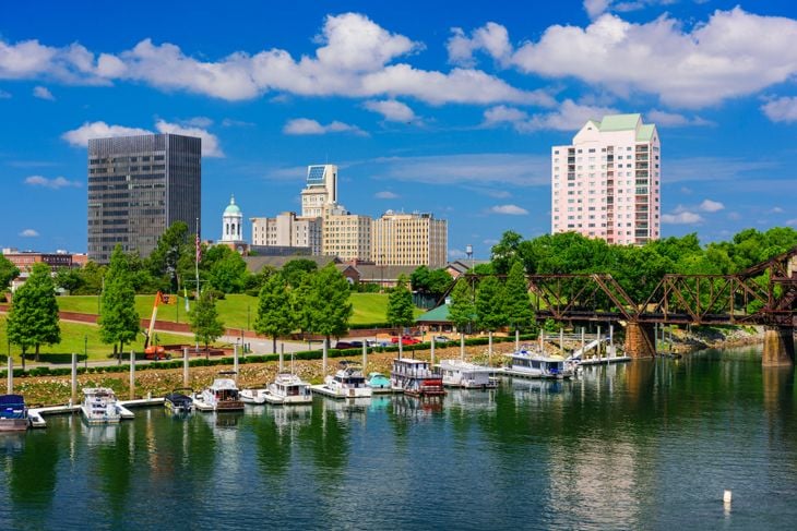 Augusta, Georgia, USA downtown skyline on the Savannah River.