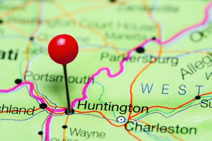 Huntington pinned on a map of West Virginia, USA