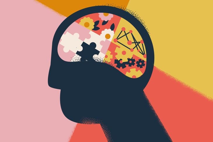 A conceptual illustration of the human mind related to memory loss. A dark silhouette of a head contains a mix of puzzle pieces, mechanical gears, flowers, and a neural network, symbolizing the fragmented nature of memory and thought.