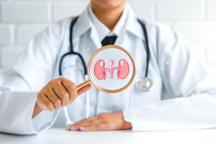 A doctor in a white coat and stethoscope holds a magnifying glass in front of an illustrated image of kidneys, symbolizing neem’s researched potential for supporting kidney and liver health due to its antioxidant properties. 