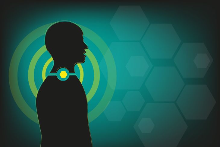 A digital illustration of a human silhouette in profile highlights a hexagon on the throat, symbolizing the location of the vocal cords where nodules from overuse can develop, often causing hoarseness or a raspy voice. 