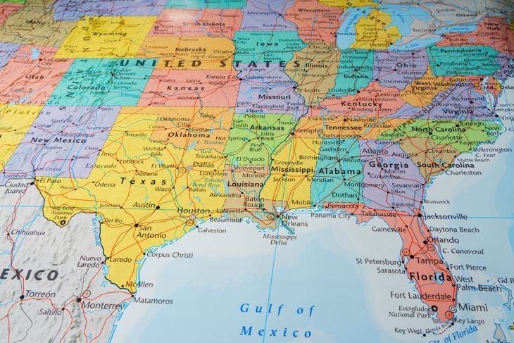 A close-up of a colorful map highlighting the southern United States, including Texas and Florida—regions where Naegleria fowleri infections are most common due to warm freshwater environments.